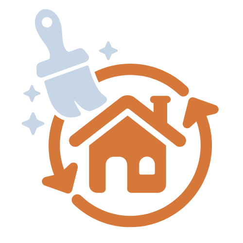 Orange home icon with blue paintbrush illustrating renovation.