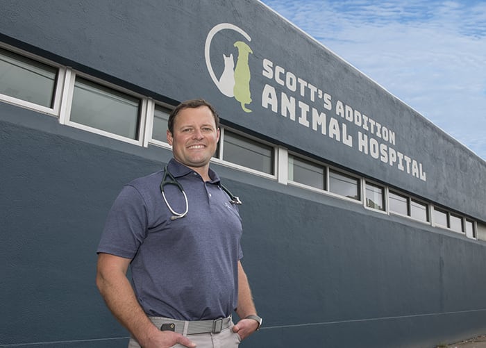 Dr. Jason Hiser stands outside of Scott's Addition Animal Hospital.